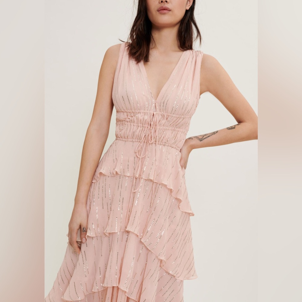 MAJE Rufflinette Silk Tiered Maxi Dress in Roseโ Color Size 38 (US 6) NWT $745